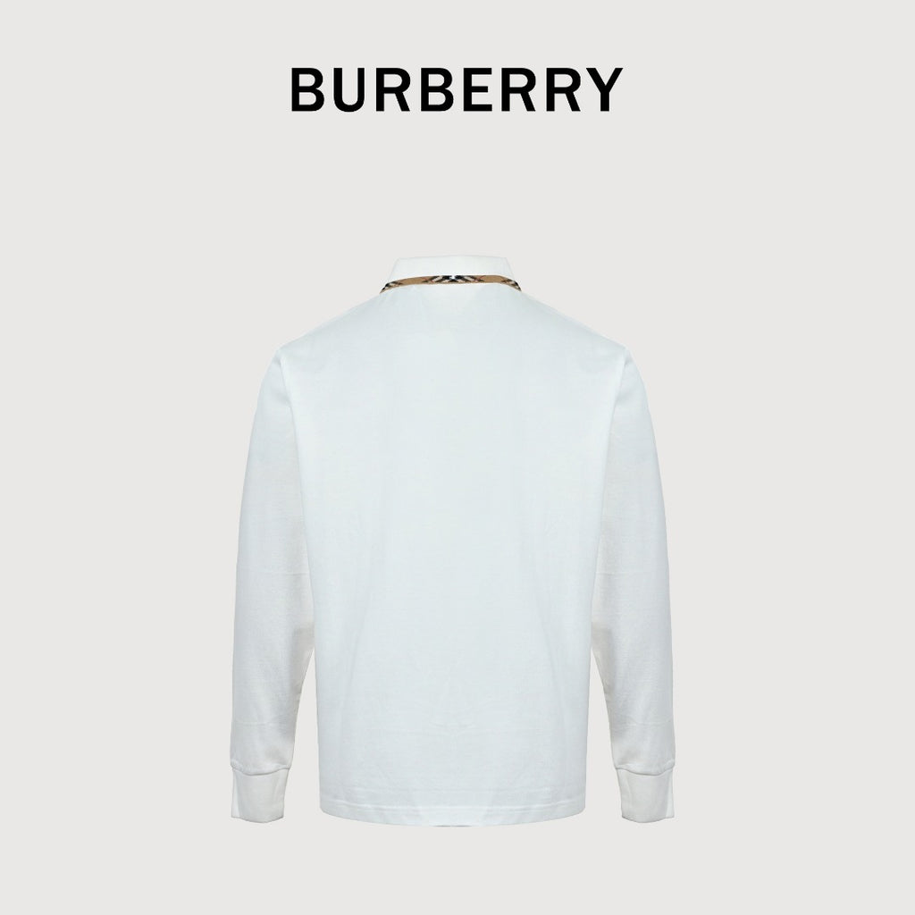 Burberry Check-Collar Long-Sleeve Piqué Polo Shirt | White
