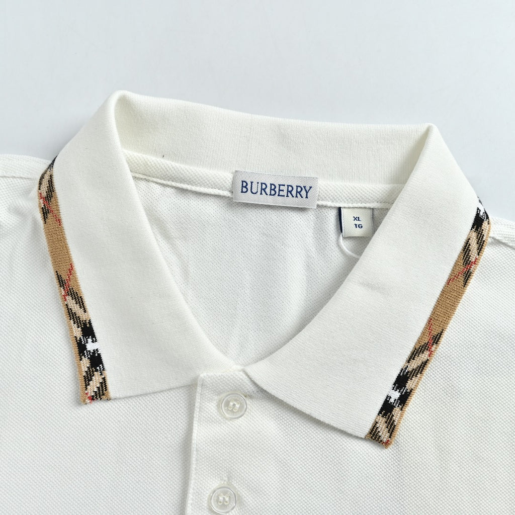 Burberry Check-Collar Long-Sleeve Piqué Polo Shirt | White
