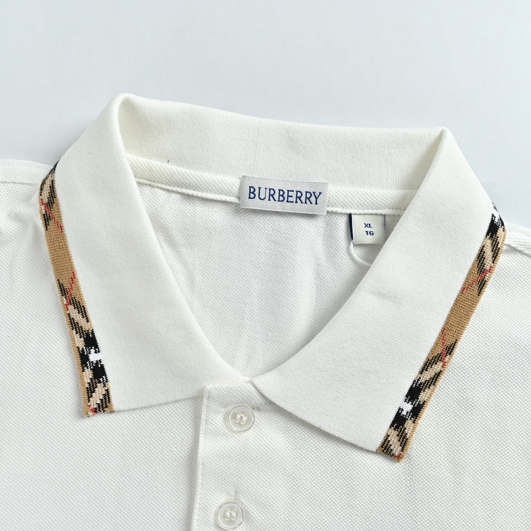 Burberry Check-Collar Long-Sleeve Piqué Polo Shirt | White