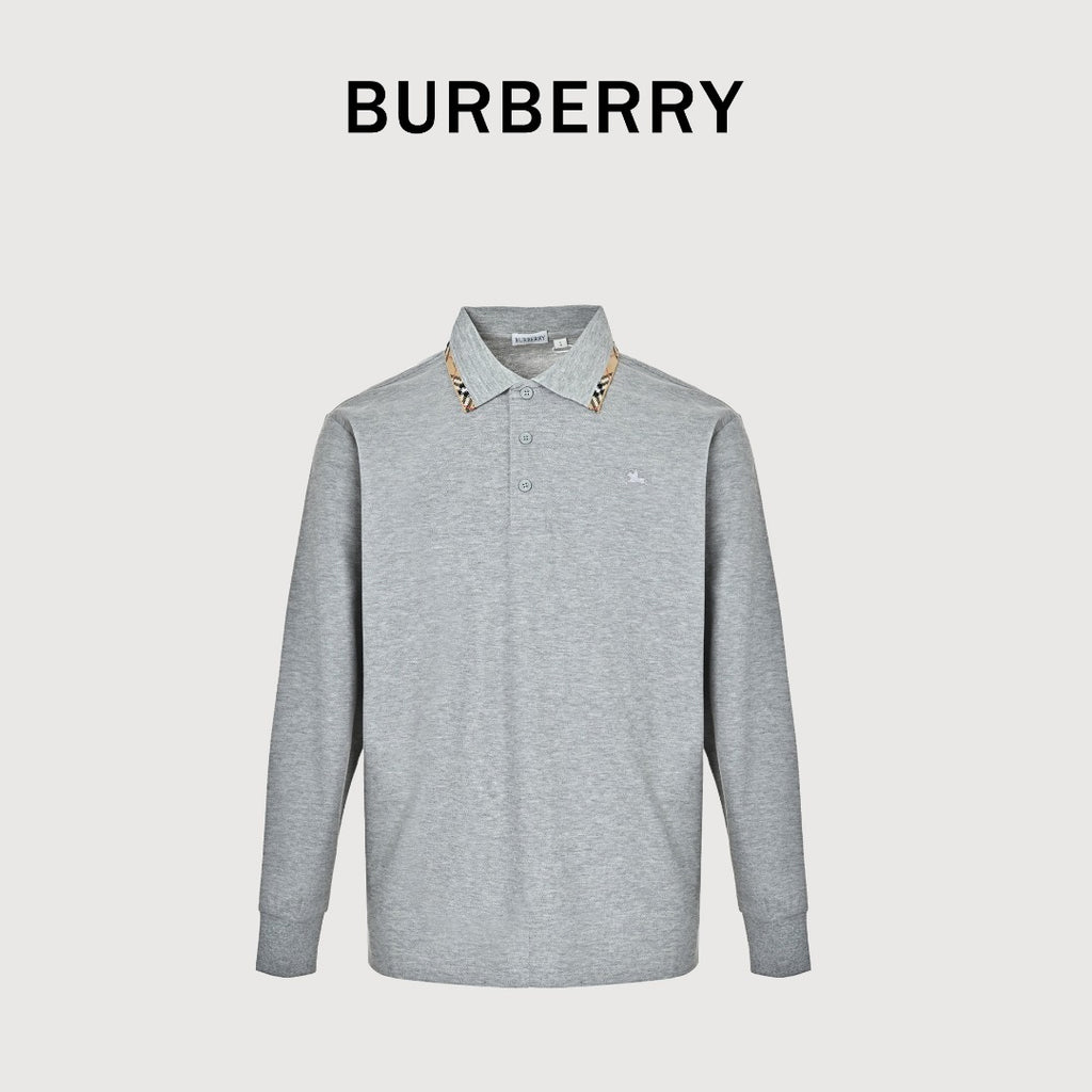 Burberry Check-Collar Long-Sleeve Piqué Polo Shirt | Light Grey