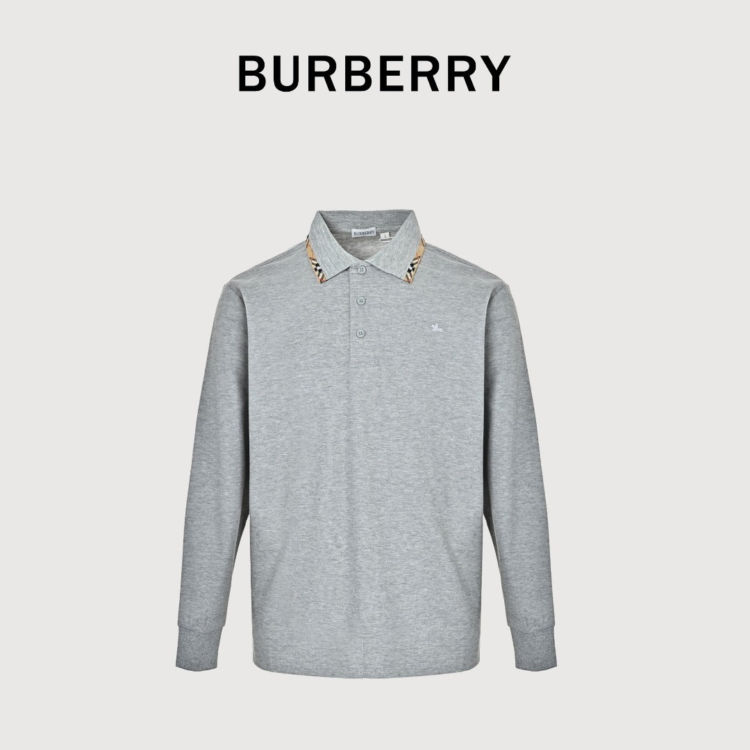 Burberry Check-Collar Long-Sleeve Piqué Polo Shirt | Light Grey