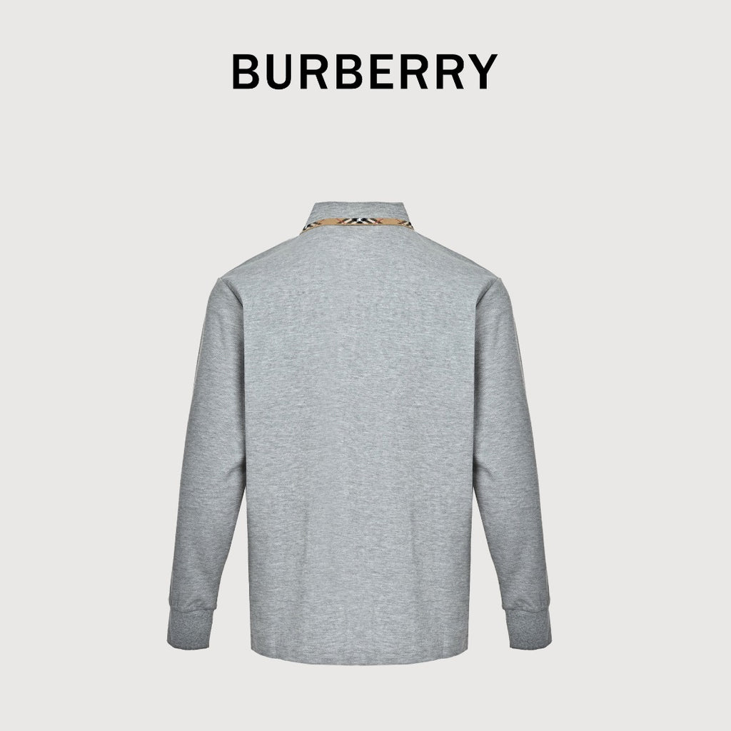 Burberry Check-Collar Long-Sleeve Piqué Polo Shirt | Light Grey
