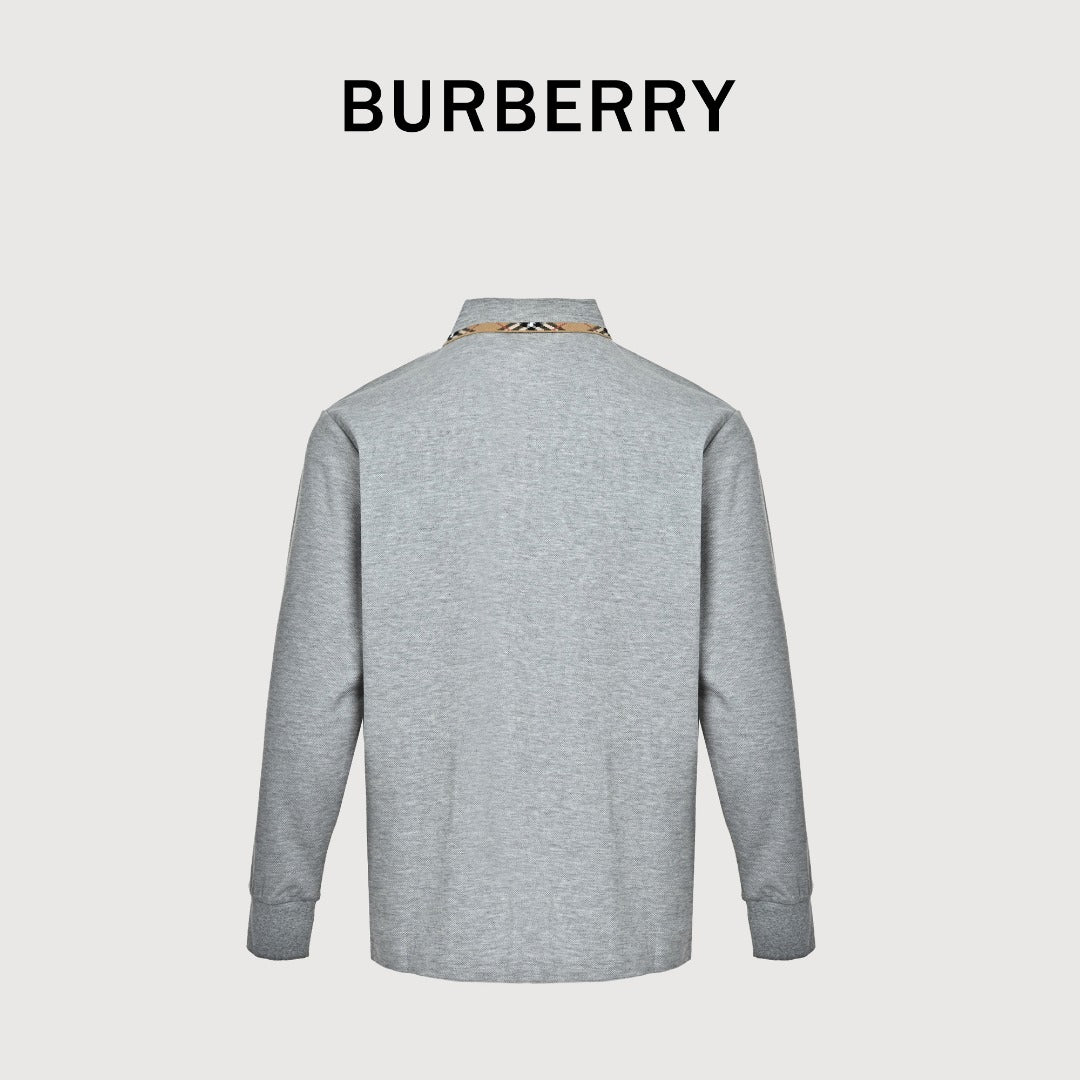 Burberry Check-Collar Long-Sleeve Piqué Polo Shirt | Light Grey