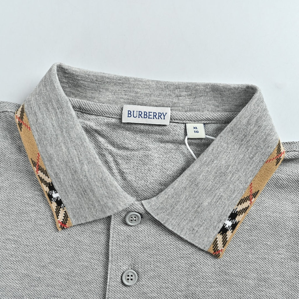 Burberry Check-Collar Long-Sleeve Piqué Polo Shirt | Light Grey