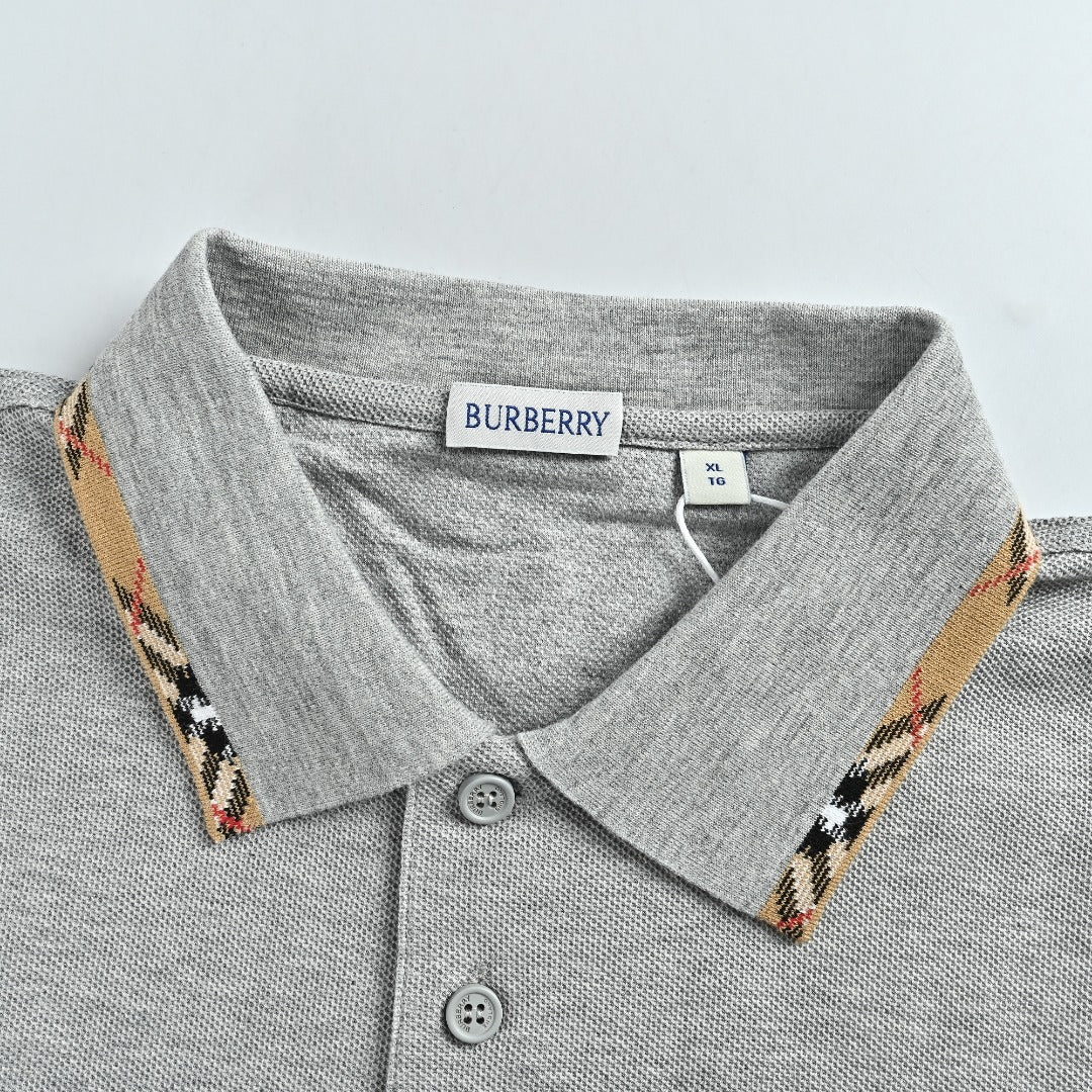 Burberry Check-Collar Long-Sleeve Piqué Polo Shirt | Light Grey