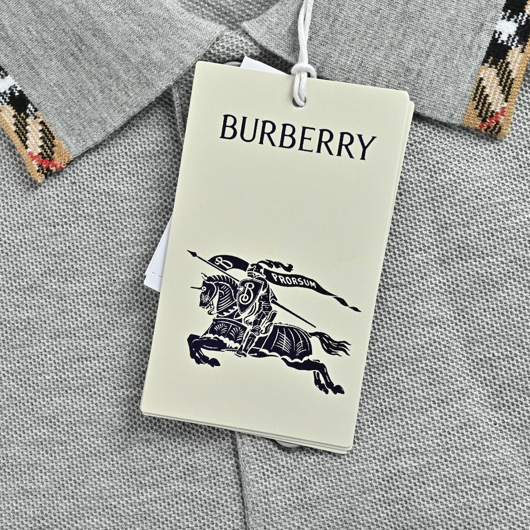 Burberry Check-Collar Long-Sleeve Piqué Polo Shirt | Light Grey