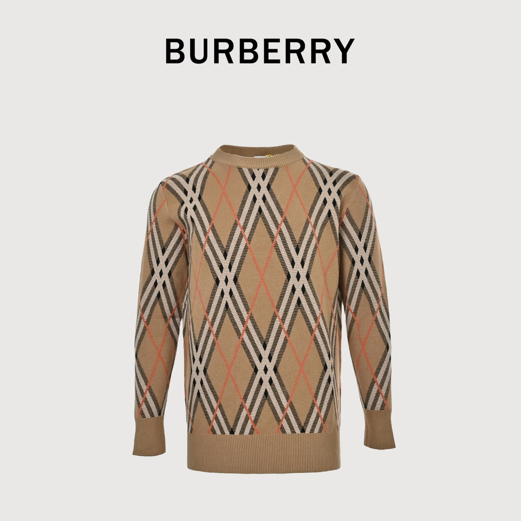 Burberry Diagonal Check Crewneck Knit Sweater | Camel