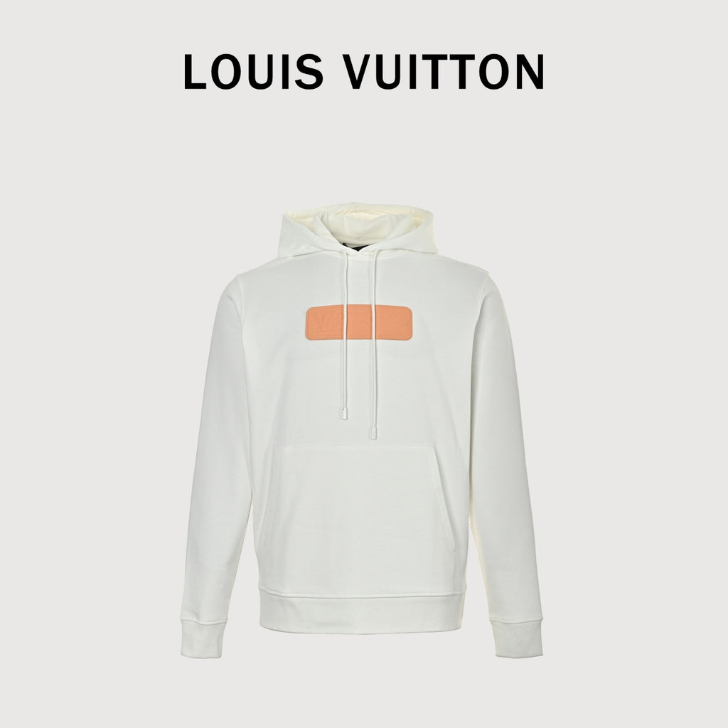 Louis Vuitton Embossed Leather-Patch Pullover Hoodie | Ivory