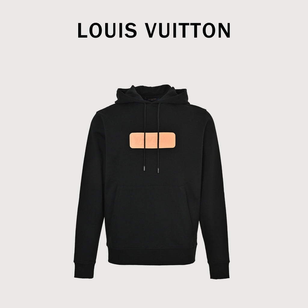 Louis Vuitton Embossed Leather-Patch Pullover Hoodie | Black