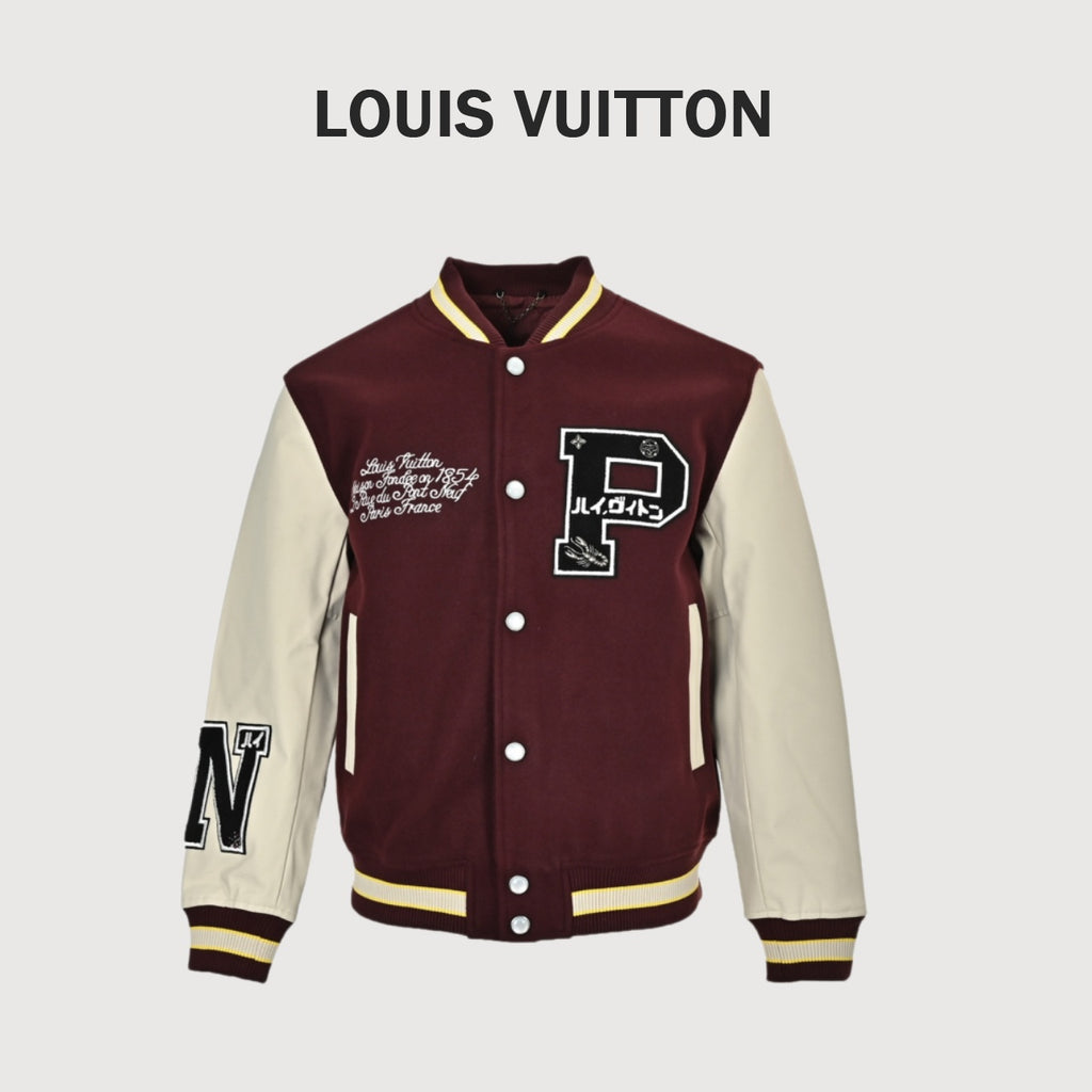 Louis Vuitton Embroidered Letter-Emblem Varsity Jacket | Burgundy & Cream