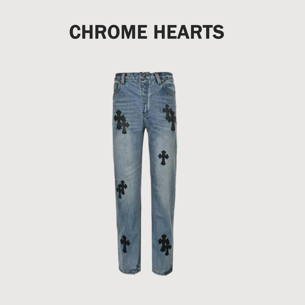 Chrome Hearts Black Leather Cross-Patch Jeans | Washed Blue