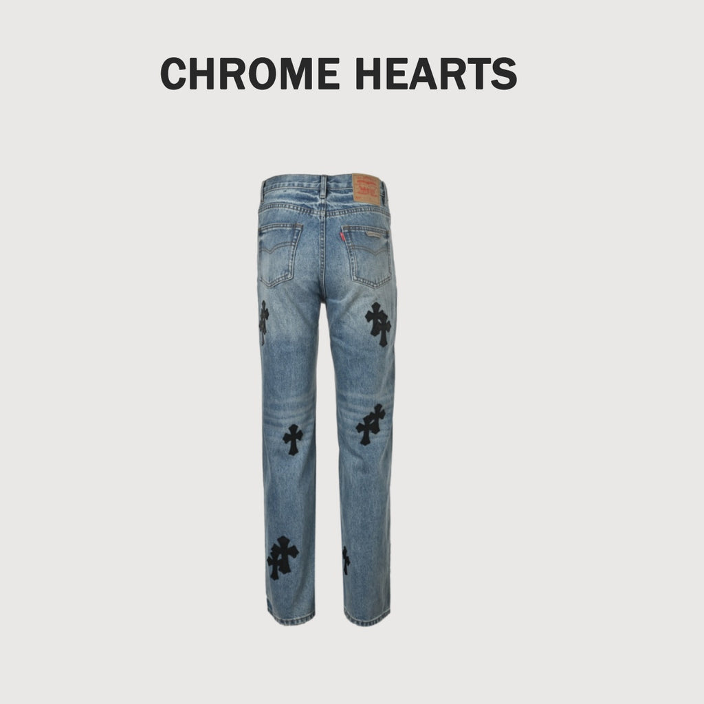 Chrome Hearts Black Leather Cross-Patch Jeans | Washed Blue