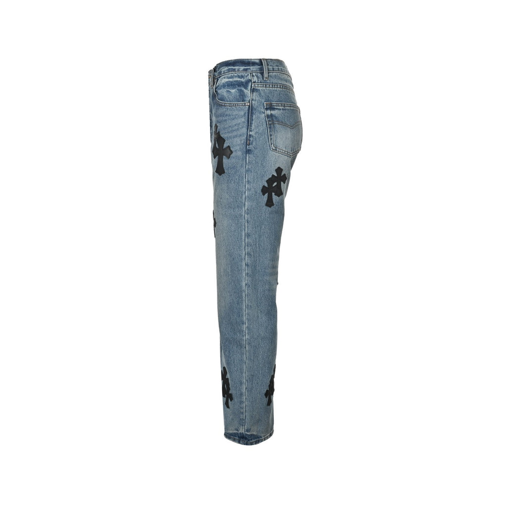 Chrome Hearts Black Leather Cross-Patch Jeans | Washed Blue