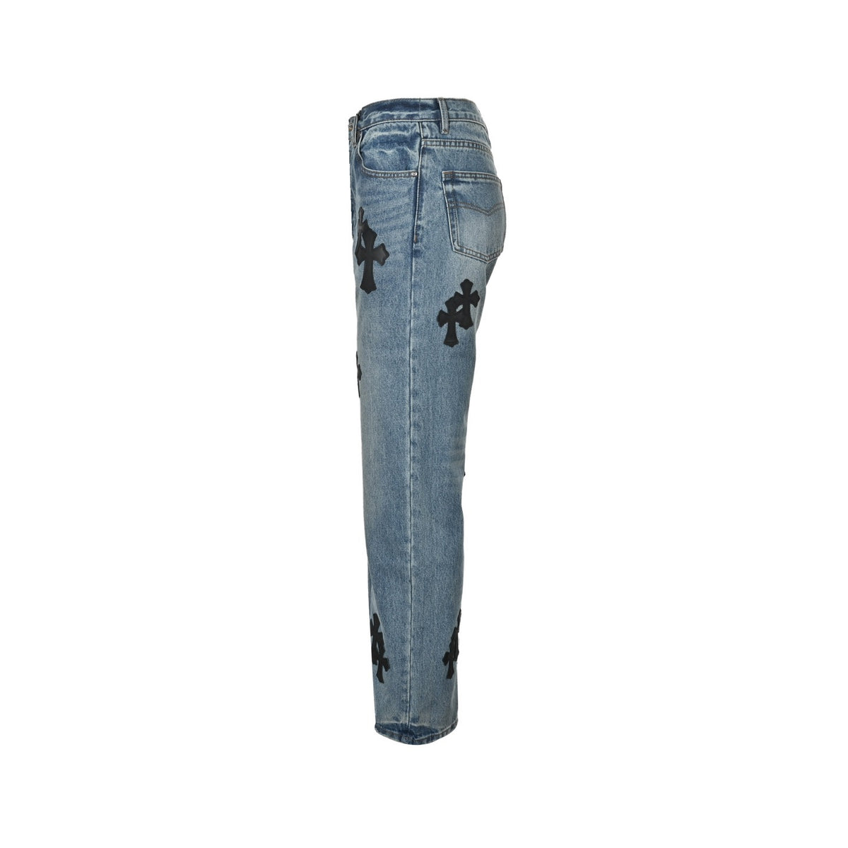 Chrome Hearts Black Leather Cross-Patch Jeans | Washed Blue