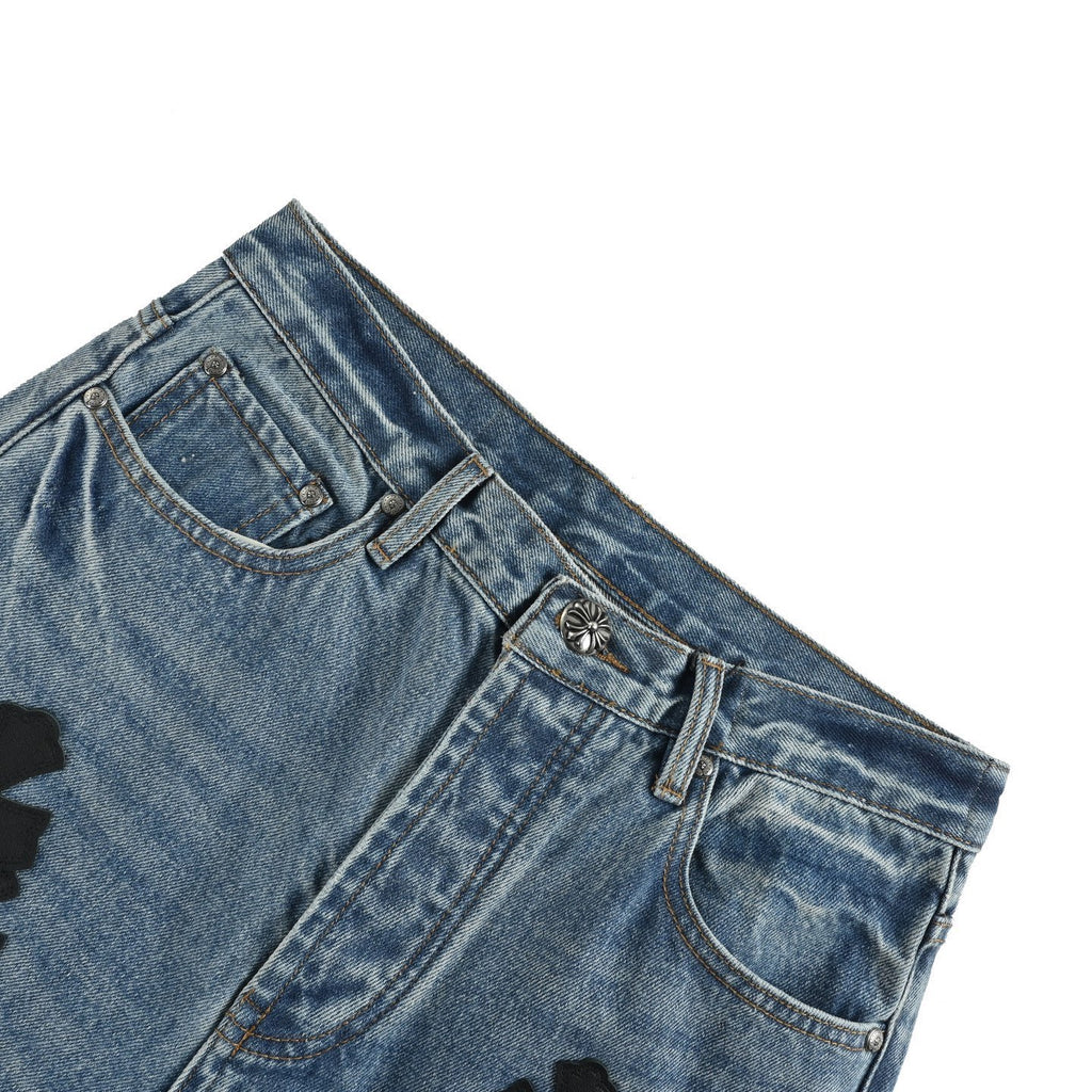 Chrome Hearts Black Leather Cross-Patch Jeans | Washed Blue