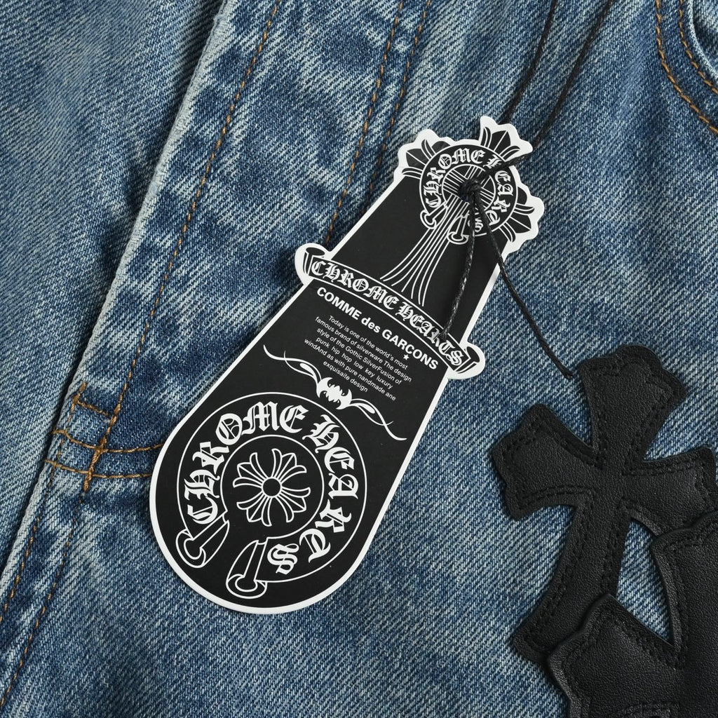 Chrome Hearts Black Leather Cross-Patch Jeans | Washed Blue