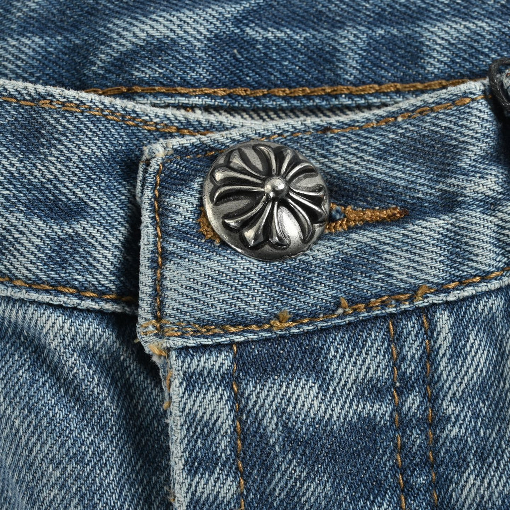 Chrome Hearts Black Leather Cross-Patch Jeans | Washed Blue