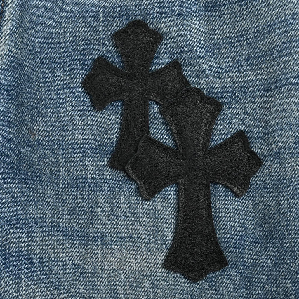 Chrome Hearts Black Leather Cross-Patch Jeans | Washed Blue