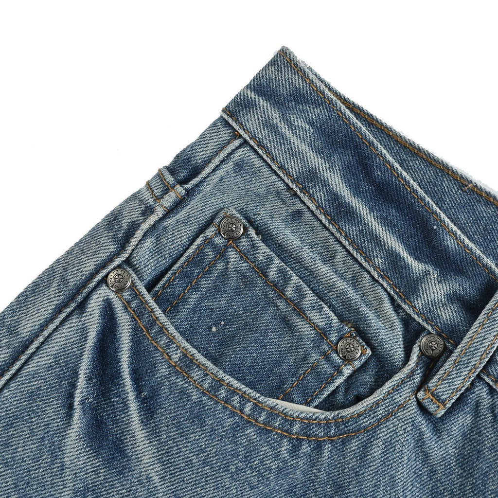 Chrome Hearts Black Leather Cross-Patch Jeans | Washed Blue