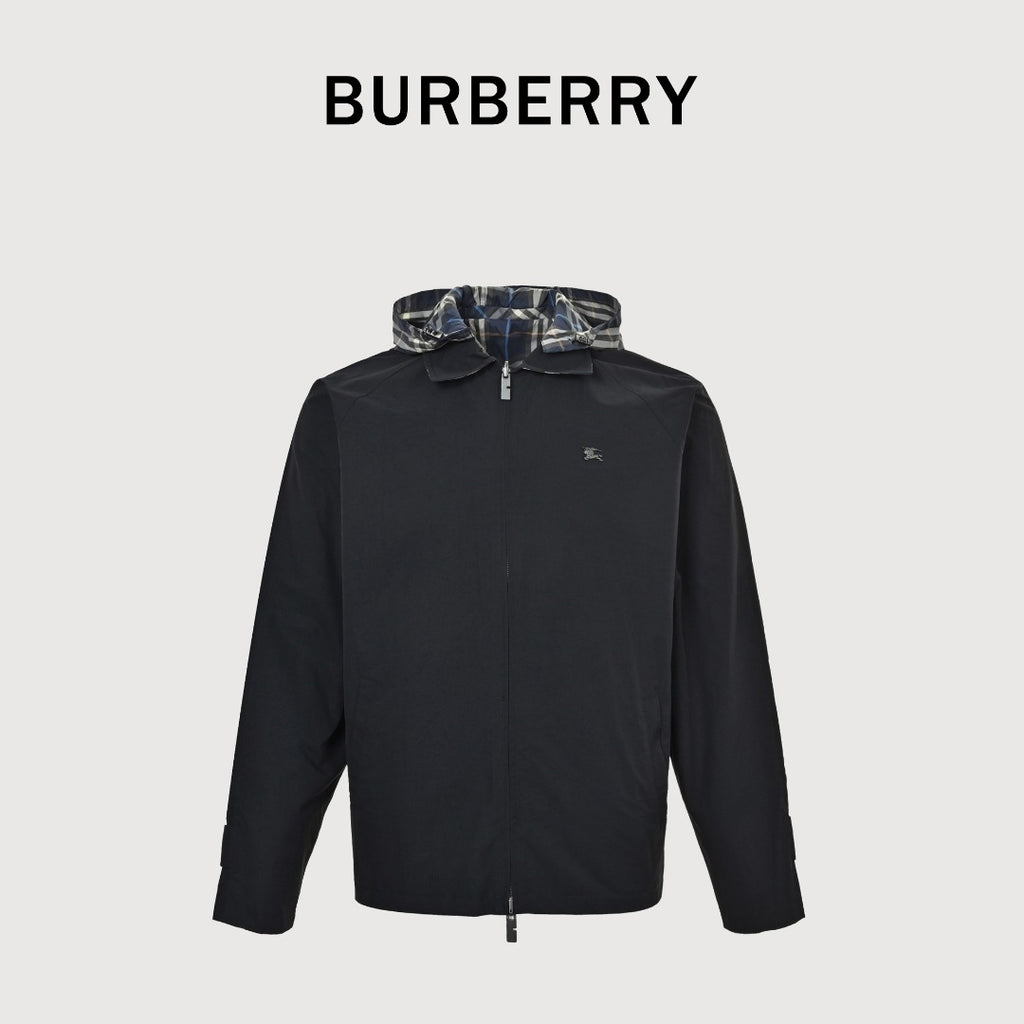 Burberry Metal-Logo Reversible Check Hooded Jacket | Navy & Black