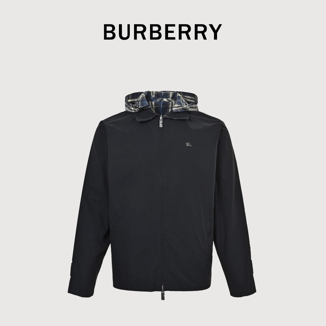 Burberry Metal-Logo Reversible Check Hooded Jacket | Navy & Black
