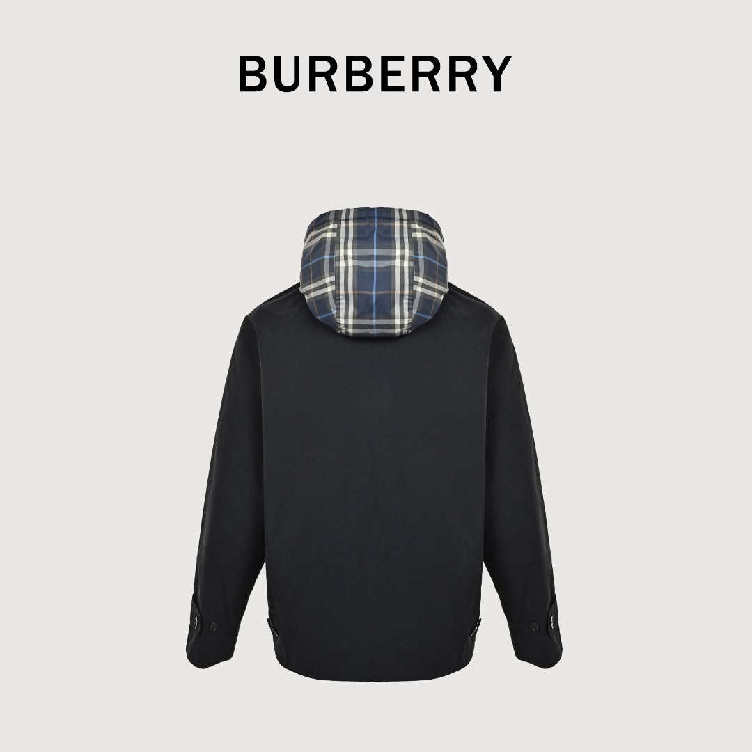 Burberry Metal-Logo Reversible Check Hooded Jacket | Navy & Black