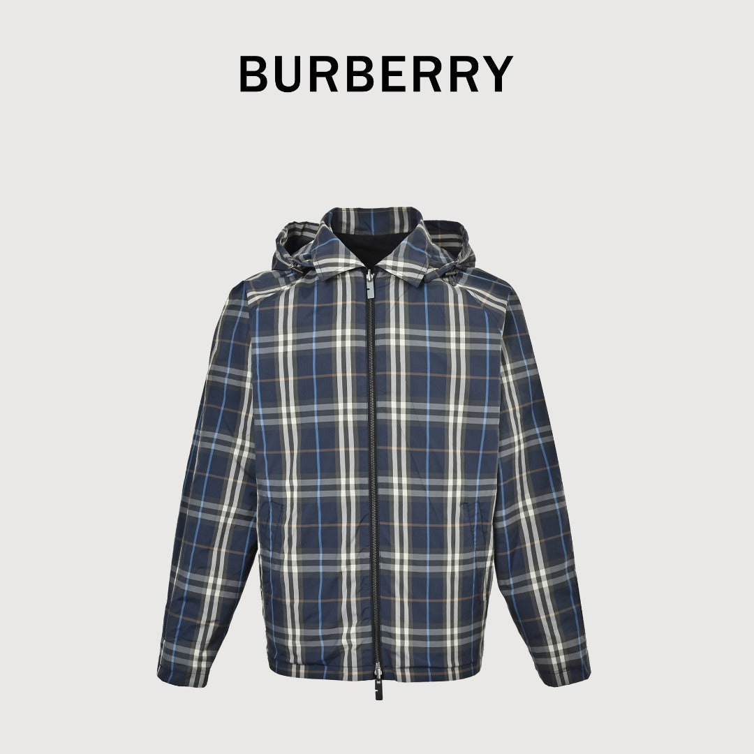 Burberry Metal-Logo Reversible Check Hooded Jacket | Navy & Black