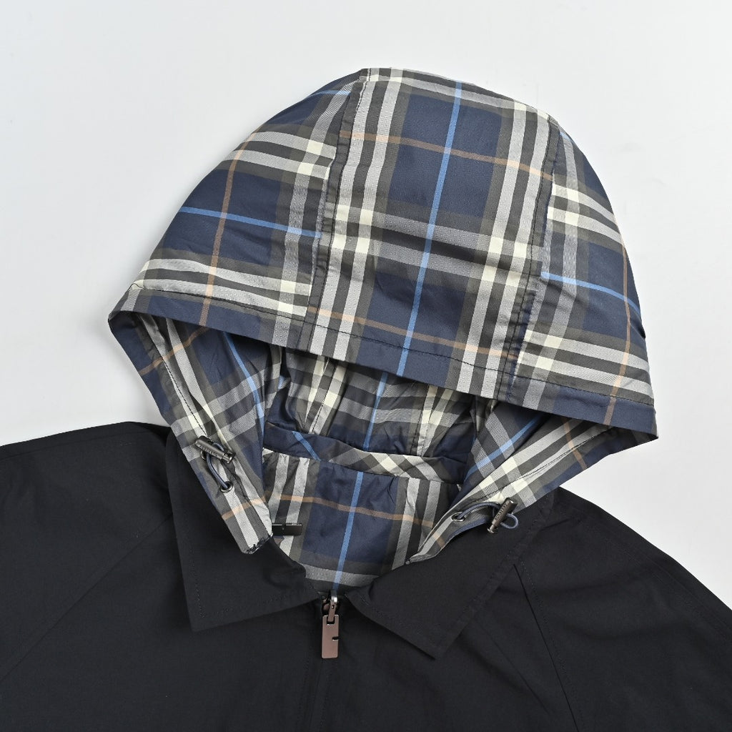 Burberry Metal-Logo Reversible Check Hooded Jacket | Navy & Black