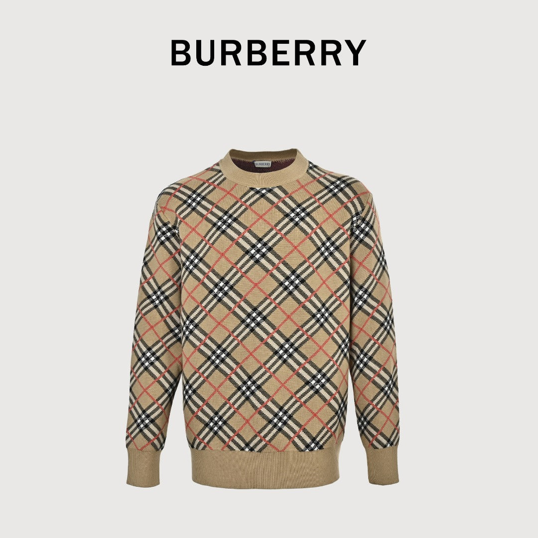 Burberry Diagonal Check Crewneck Knit Sweater | Camel