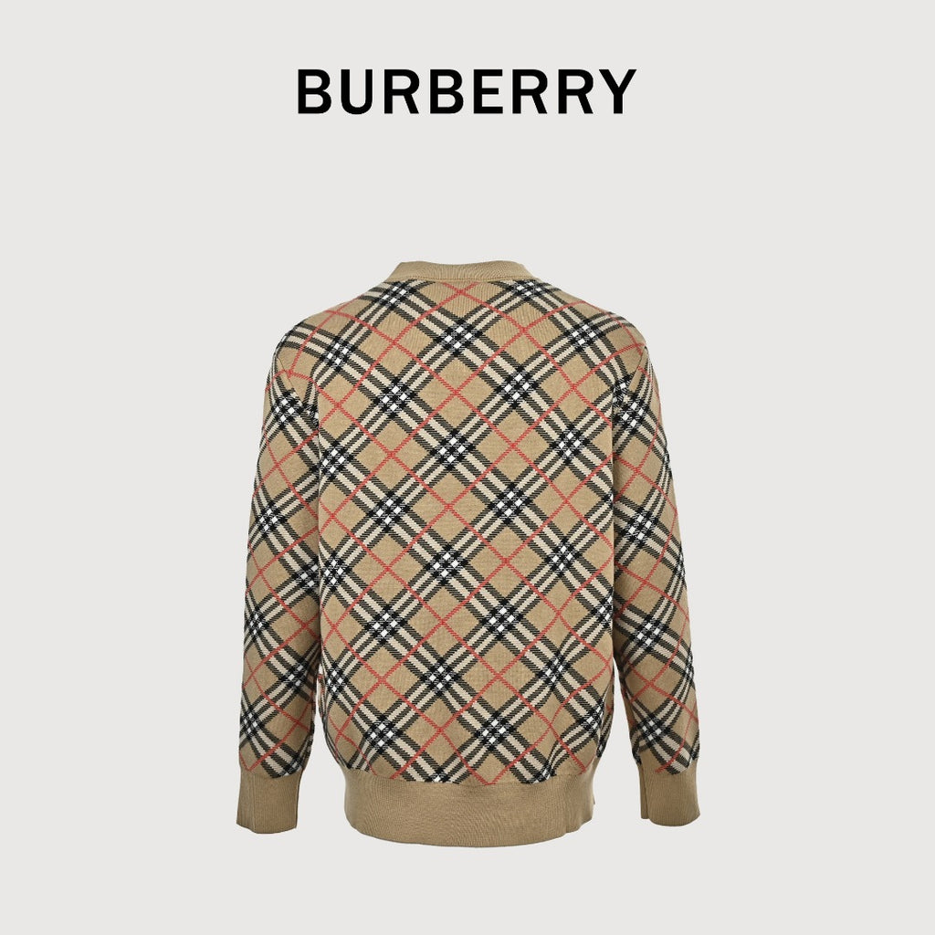 Burberry Diagonal Check Crewneck Knit Sweater | Camel