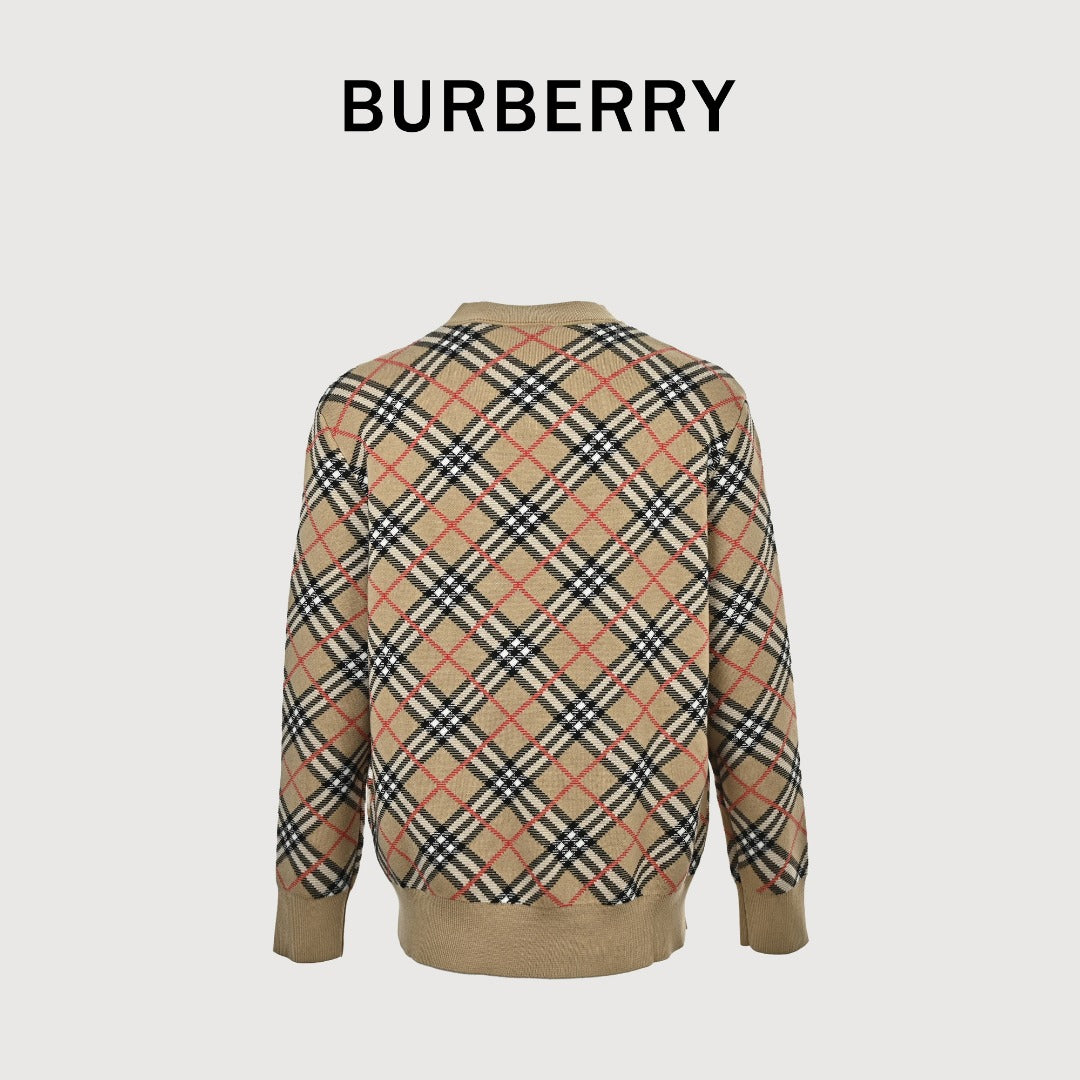 Burberry Diagonal Check Crewneck Knit Sweater | Camel