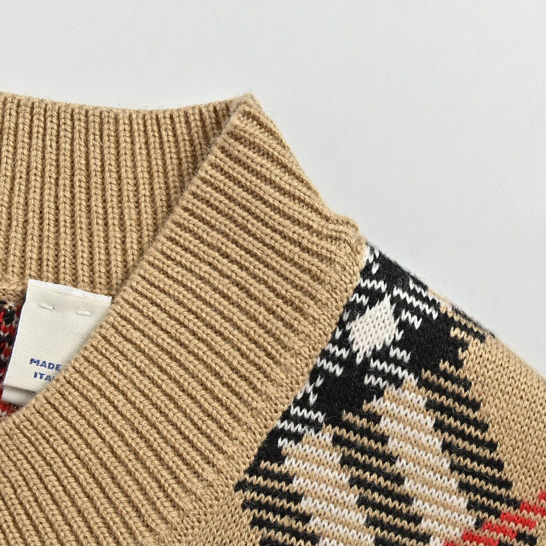 Burberry Diagonal Check Crewneck Knit Sweater | Camel