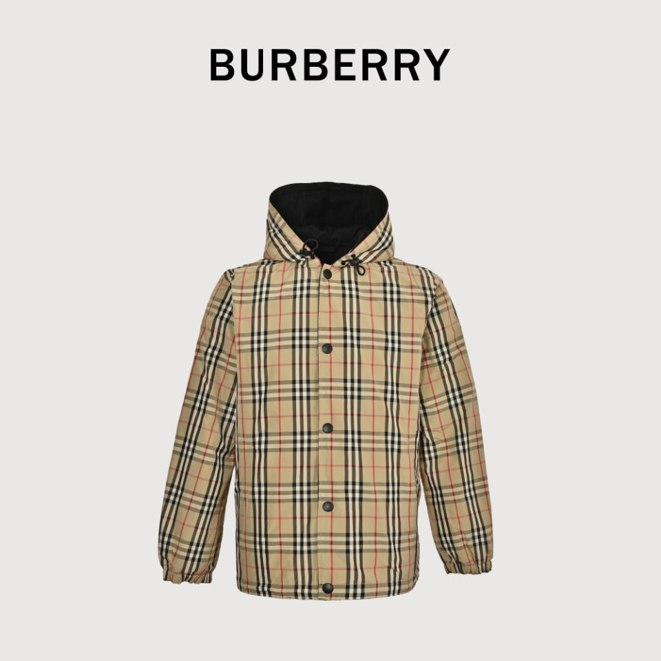 Burberry Reversible Check Hooded Jacket with Silicone Knight Detail | Black & Beige