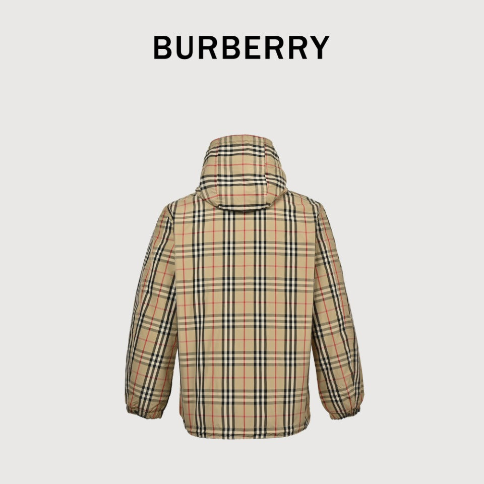 Burberry Reversible Check Hooded Jacket with Silicone Knight Detail | Black & Beige
