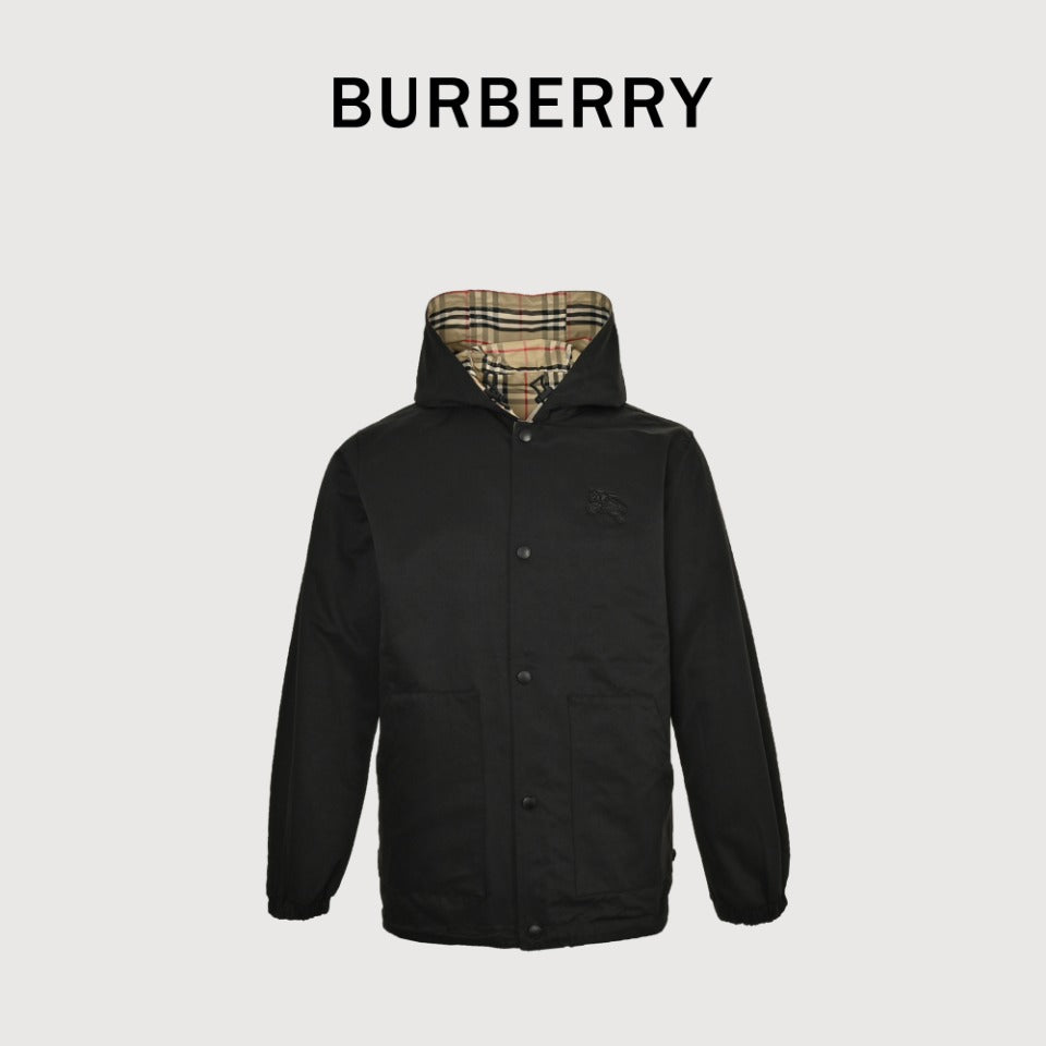 Burberry Reversible Check Hooded Jacket with Silicone Knight Detail | Black & Beige