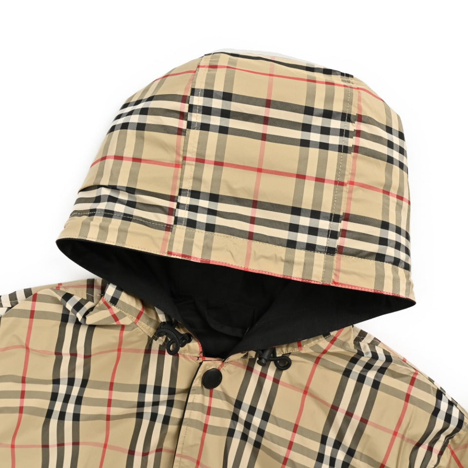 Burberry Reversible Check Hooded Jacket with Silicone Knight Detail | Black & Beige