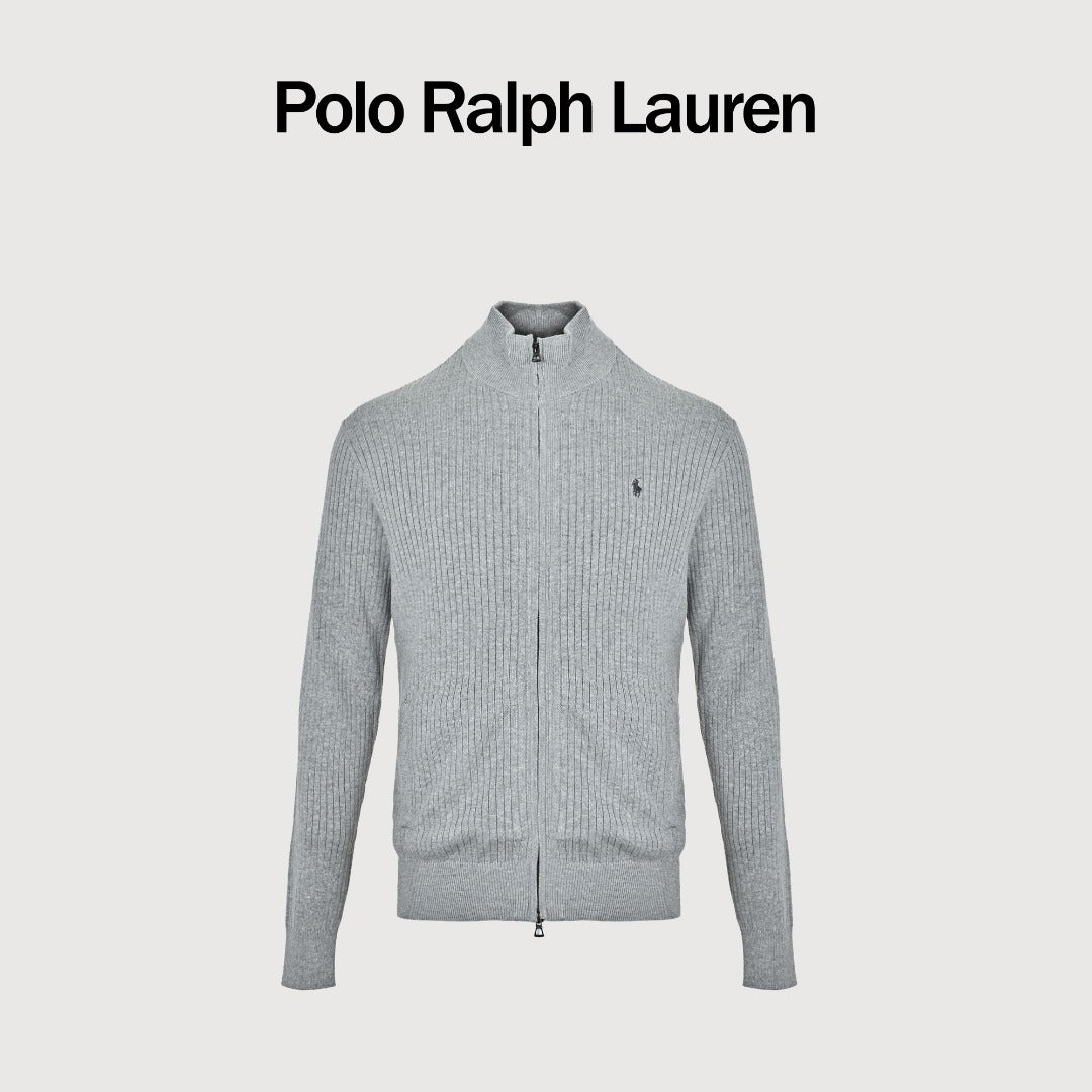 Ralph Lauren Pony-Logo Fine-Ribbed Full-Zip Sweater Jacket | Grey