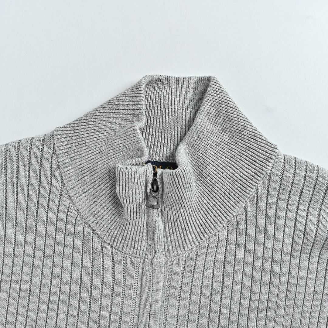 Ralph Lauren Pony-Logo Fine-Ribbed Full-Zip Sweater Jacket | Grey