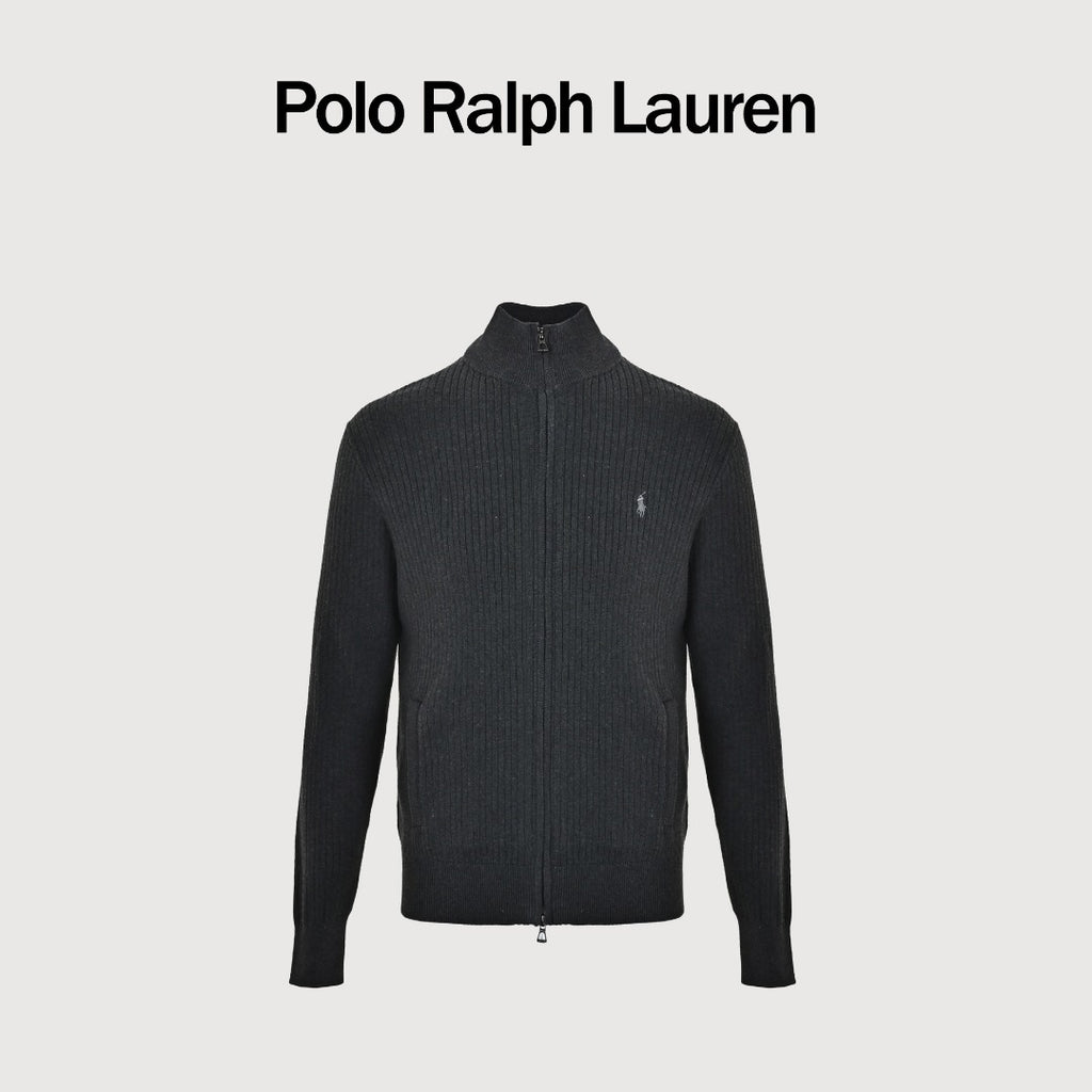 Ralph Lauren Pony-Logo Fine-Ribbed Full-Zip Sweater Jacket | Black