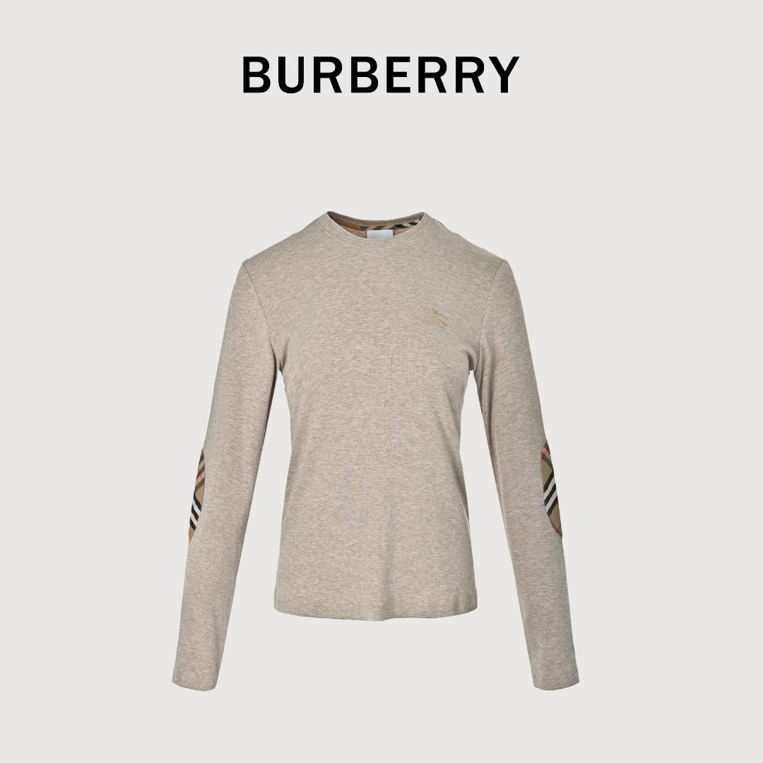 Burberry Knight-Motif Check Elbow-Patch Long-Sleeve Top | Beige