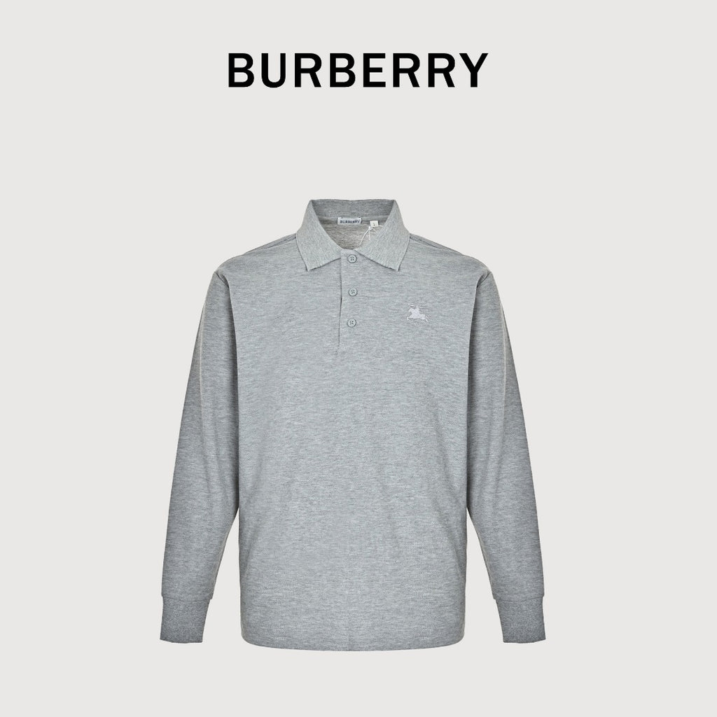 Burberry Men's Placket-Embroidered Long-Sleeve Polo Shirt | Light Grey
