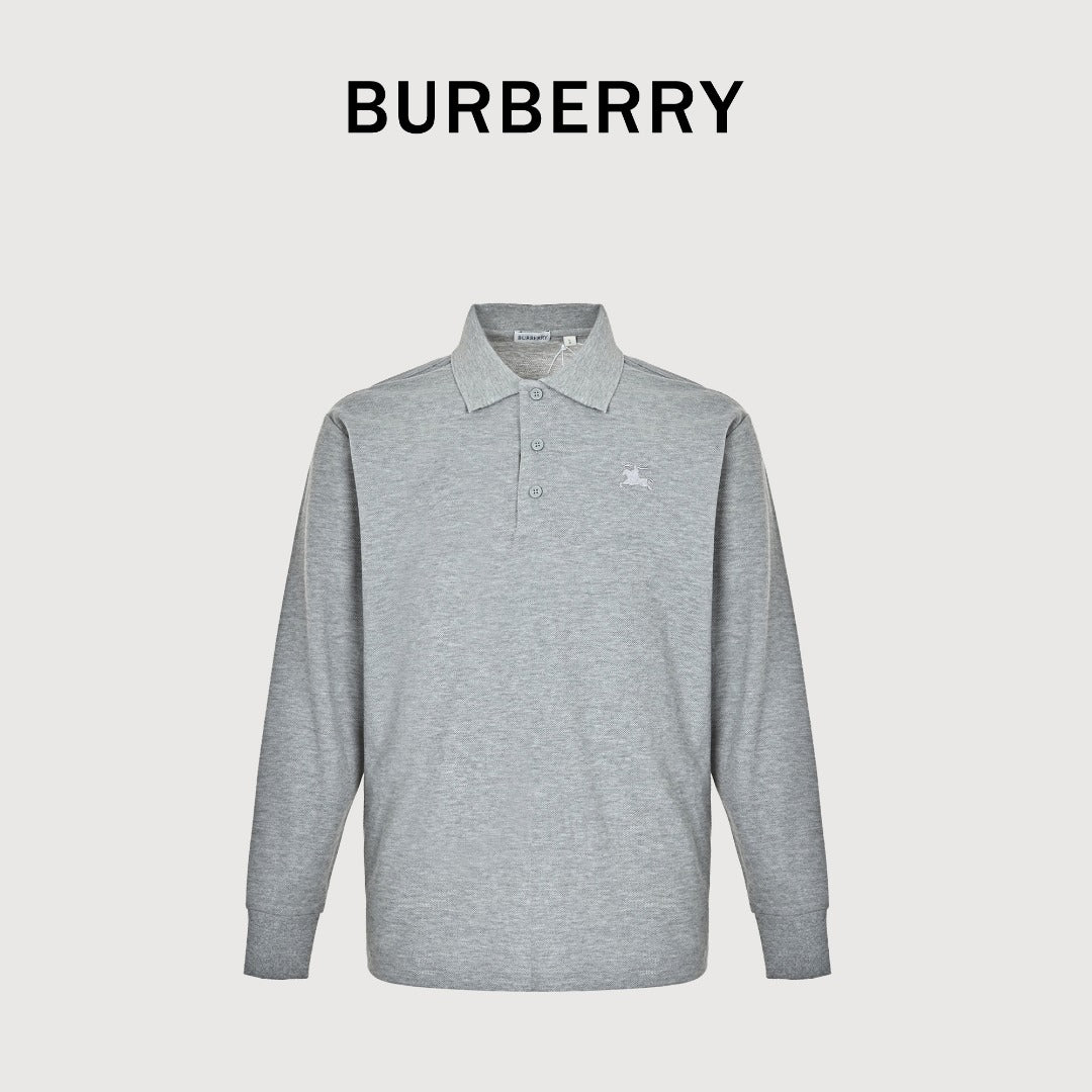 Burberry Men's Placket-Embroidered Long-Sleeve Polo Shirt | Light Grey