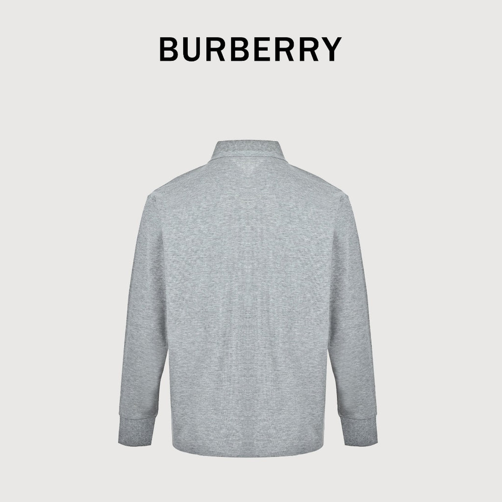 Burberry Men's Placket-Embroidered Long-Sleeve Polo Shirt | Light Grey