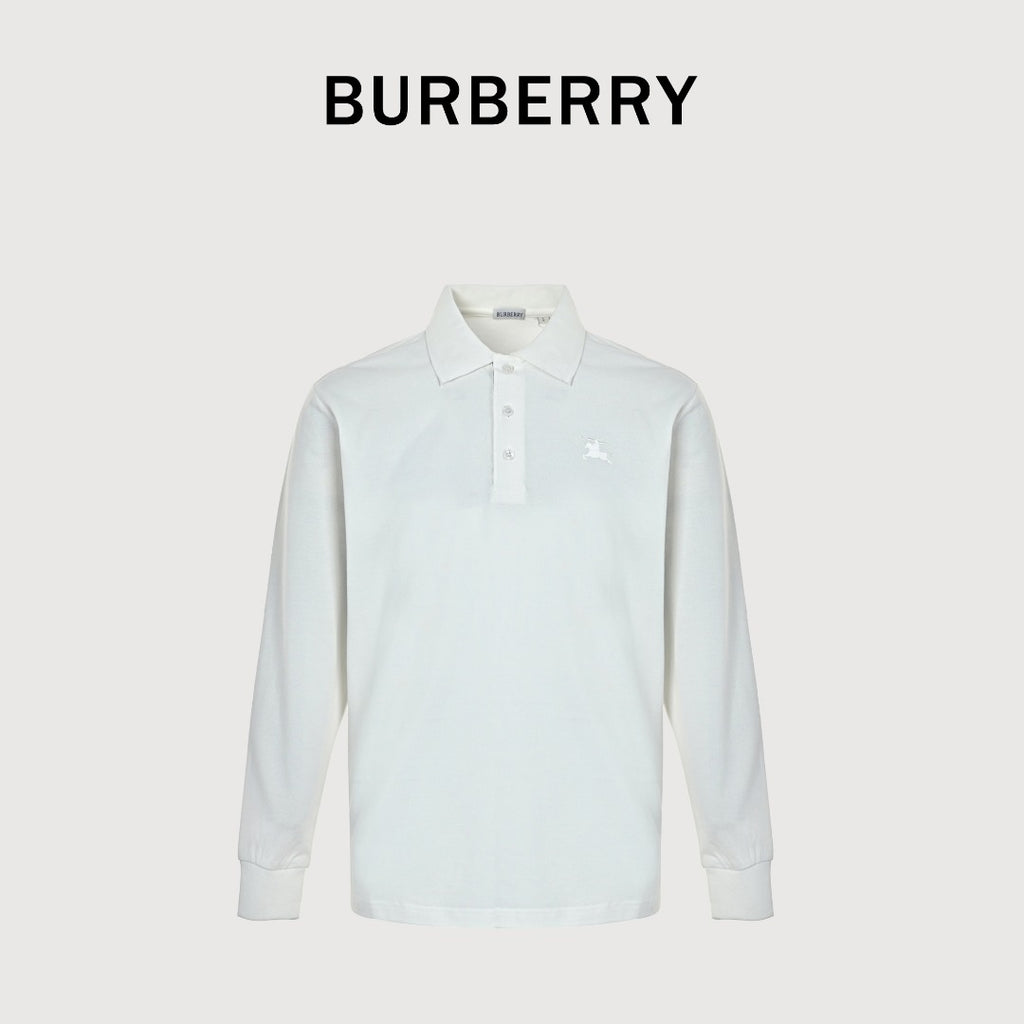 Burberry Men's Placket-Embroidered Long-Sleeve Polo Shirt | White
