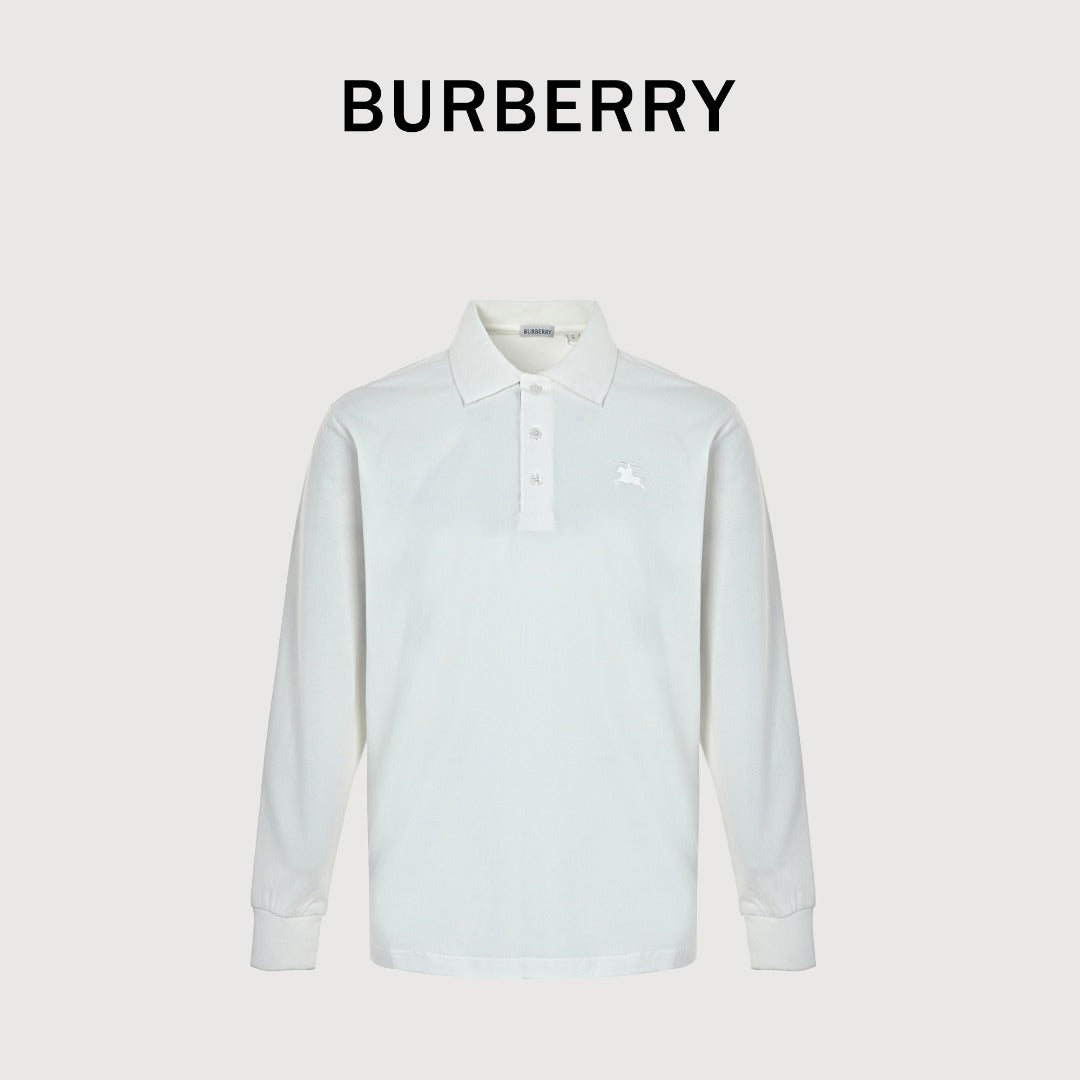 Burberry Men's Placket-Embroidered Long-Sleeve Polo Shirt | White