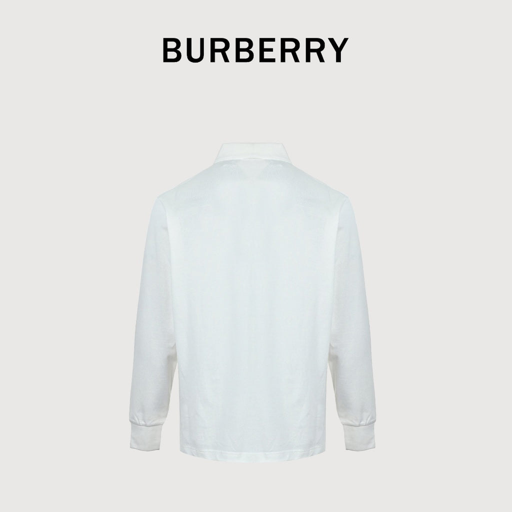 Burberry Men's Placket-Embroidered Long-Sleeve Polo Shirt | White