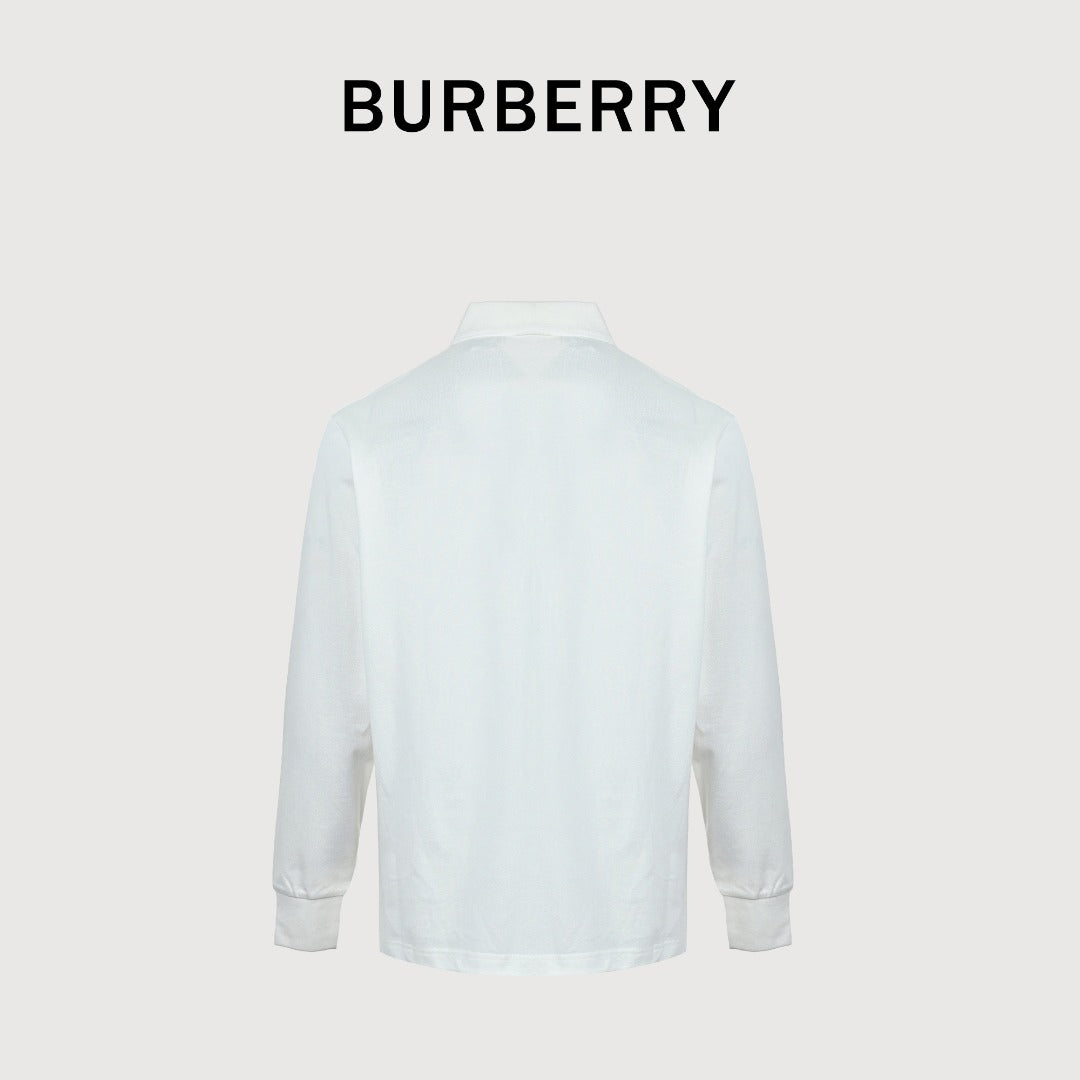 Burberry Men's Placket-Embroidered Long-Sleeve Polo Shirt | White