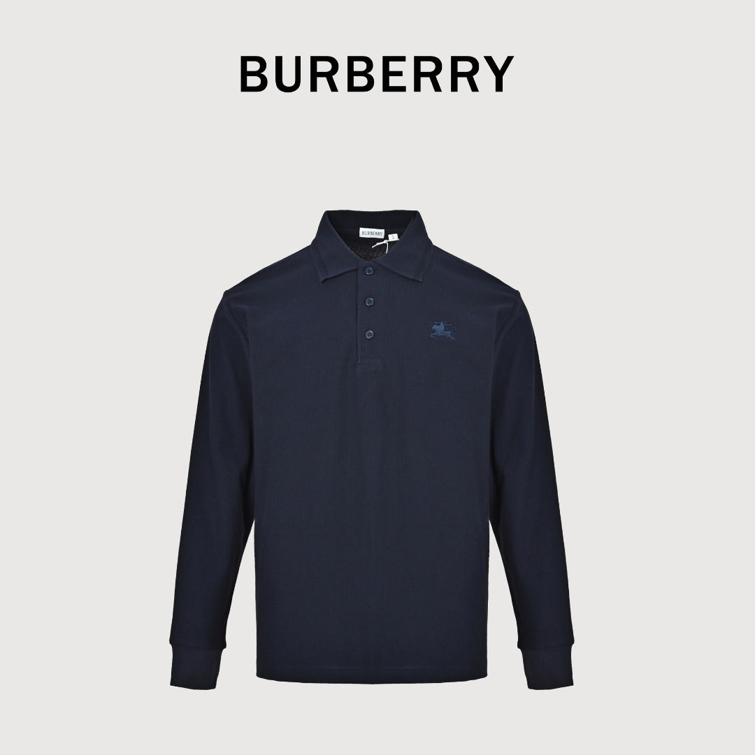 Burberry Men's Placket-Embroidered Long-Sleeve Polo Shirt | Navy