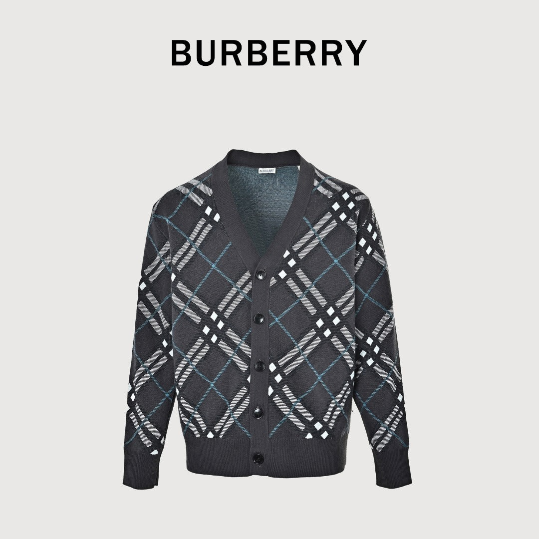 Burberry Diamond-Check Jacquard Knit Cardigan | Black & Grey