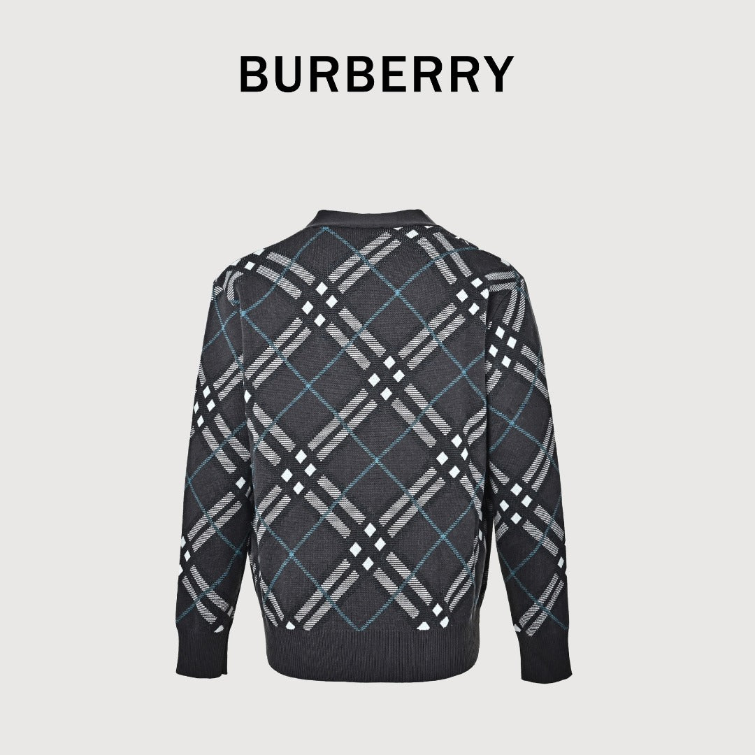 Burberry Diamond-Check Jacquard Knit Cardigan | Black & Grey